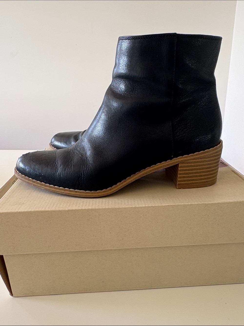 Clarks Black Leather Ankle Booties with Stacked Wood Heel